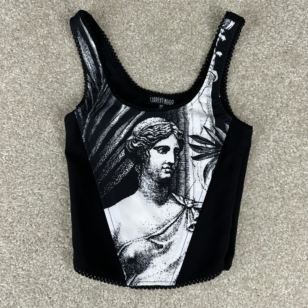 Current Mood Graphic Tank Top Womens XS Black White Corset Lace Trim Grunge Goth